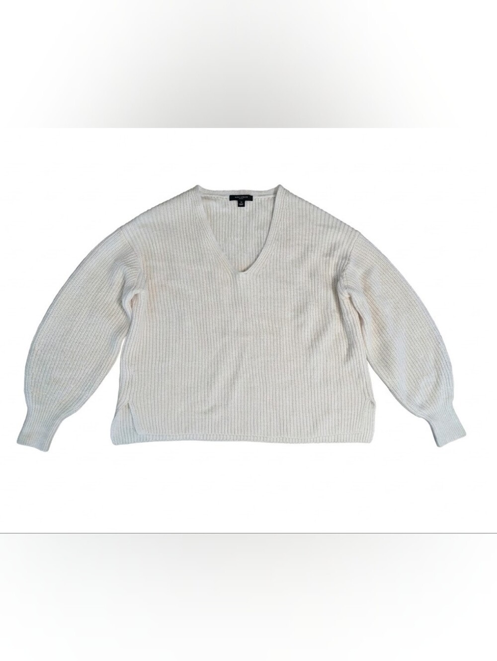 Ann Taylor Petite MP Cream Ribbed Balloon Sleeve Sweater Wool Blend Cozy Chic